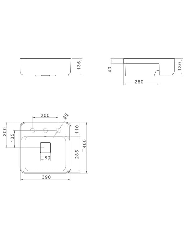 Cuba Slim Semi Encaixe Deca Quadrada Mesa 40cm Cinza Antracite L.61040.M.85