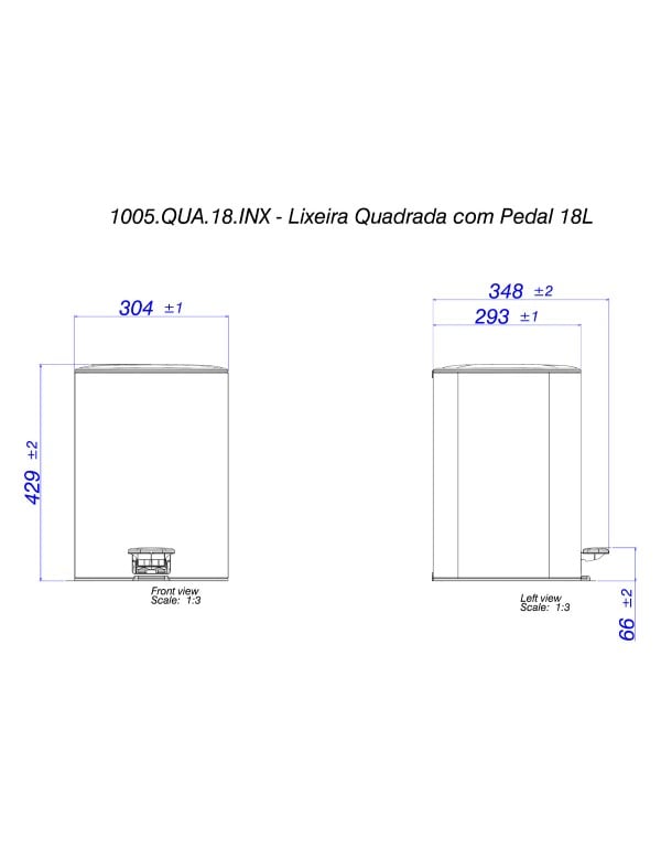 Lixeira Quadrada de 18 Litros em Aço Inox Escovado com Acionamento por Pedal e Balde Interno Removível Linha Suprema Deca 1005.QUA.18.INX