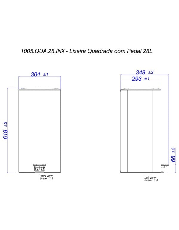 Lixeira Quadrada de 28 Litros em Aço Inox com Pedal de Acionamento Mecanico e Sistema de Fechamento Suave Amortecido Linha Suprema Deca 1005.QUA.28.INX
