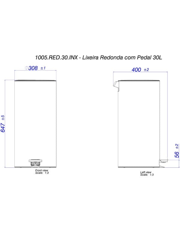 Lixeira Redonda Cilíndrica de 30 Litros em Aço Inox com Pedal de Acionamento Ergonomico Linha Suprema Deca 1005.RED.30.INX