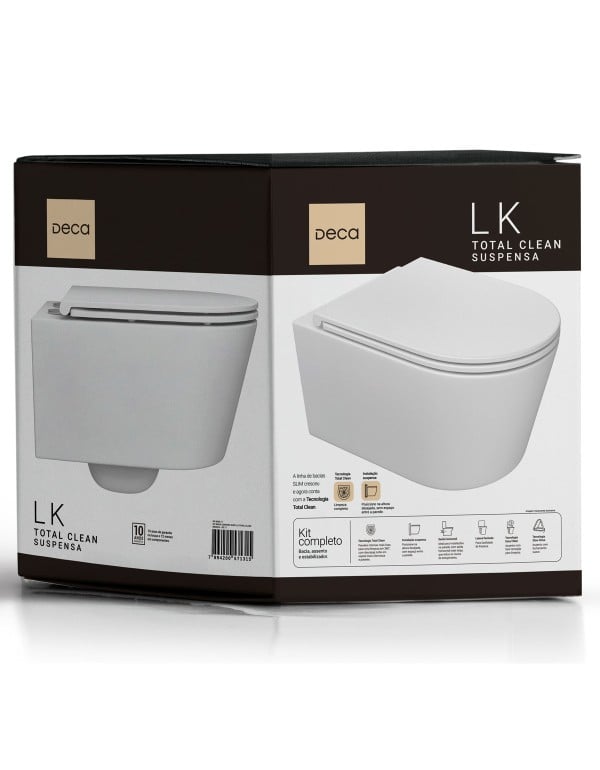 Kit Completo com Bacia Sanitaria Suspensa Quadrada Design LK e Tecnologia Total Clean Assento Soft Close Caixa de Embutir e Placa de Acionamento Cor Branca Deca KP.8830.17