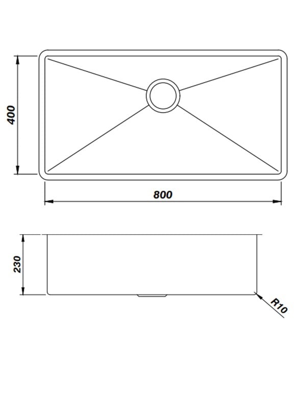 Cuba de Cozinha Gourmet Retangular Grandes Dimensoes Cantos Raio R10 Acabamento Aco Inox Escovado Acetinado Linha Retta Mekal Oitenta por Quarenta Centimetros 90987800016
