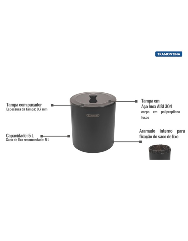 Lixeira Tramontina Util Black Mix C/Balde de Plástico Preto 5L 94540/055Tramontina