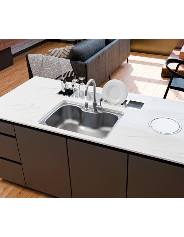 Kit Cuba Gourmet de Embutir Morgana 60 FX Acabamento Aço Inox Acetinado com Misturador Monocomando Dosador de Sabão e Válvula Tramontina 93806492
