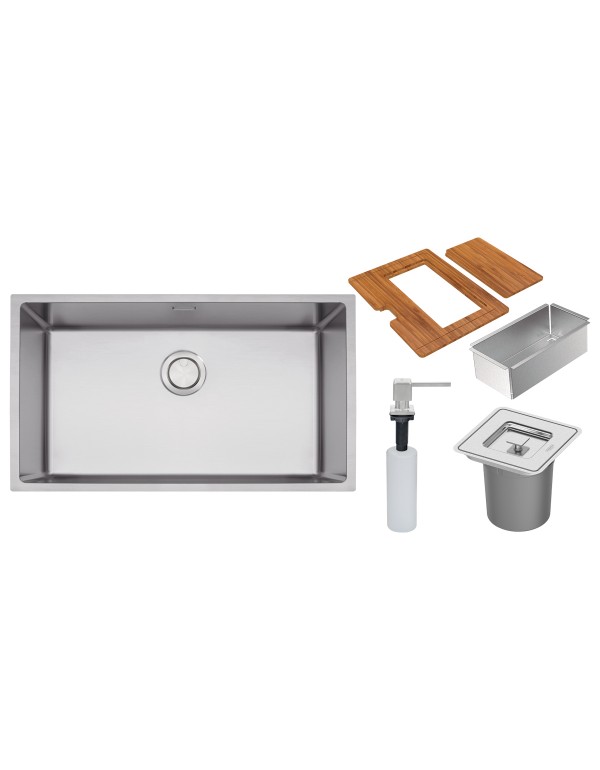 Cuba Tramontina Design Collection Quadrum 70 em Aço Inox com Dosador de Sabão, Tábua, Cesto Coador e Lixeira de Embutir 94000163
