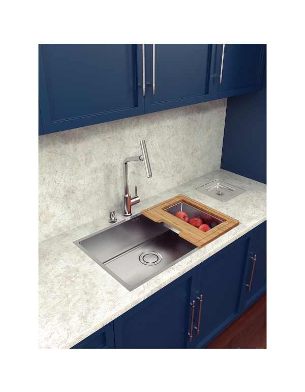 Cuba Tramontina Design Collection Quadrum 70 em Aço Inox com Dosador de Sabão, Tábua, Cesto Coador e Lixeira de Embutir 94000163