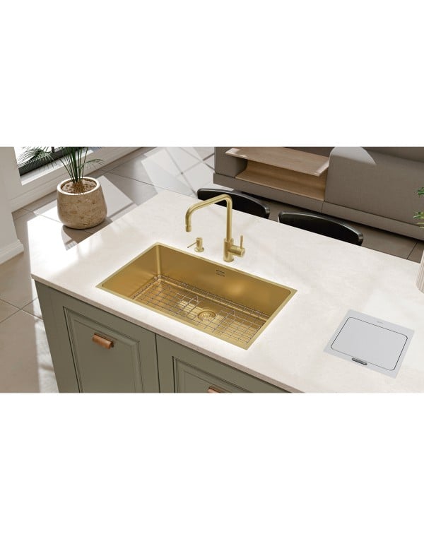 Cuba de Cozinha Gourmet 70x40cm em Aco Inox com Revestimento PVD Acabamento Light Gold Dourado Escovado Linha Quadrum Tramontina 94000313