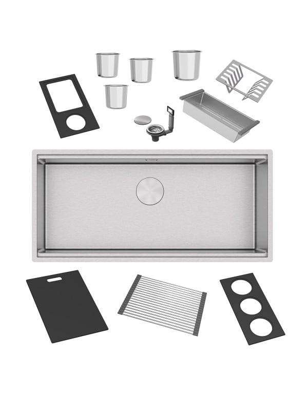 Cuba de Cozinha Gourmet Workstation 90x40cm em Aco Inox AISI 304 Acabamento Acetinado com Kit de Acessorios Escorredores e Tabuas Linha Quadrum Tramontina 94001903