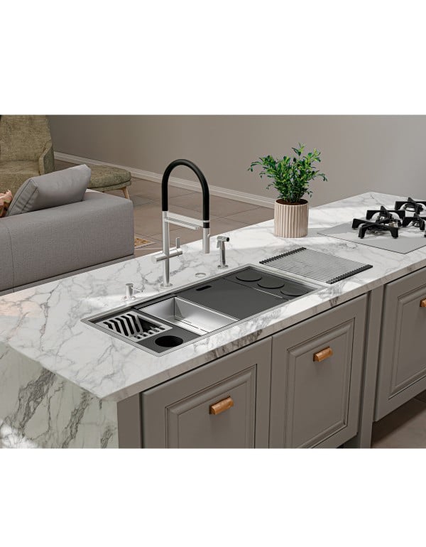 Cuba de Cozinha Gourmet Workstation 90x40cm em Aco Inox AISI 304 Acabamento Acetinado com Kit de Acessorios Escorredores e Tabuas Linha Quadrum Tramontina 94001903