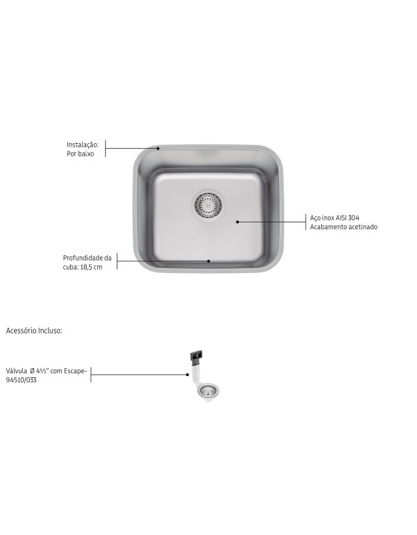 Cuba de Embutir Tramontina Dora 40 BL R6 em Aço Inox Escovado com Válvula e Escape 40x34 cm 94017113