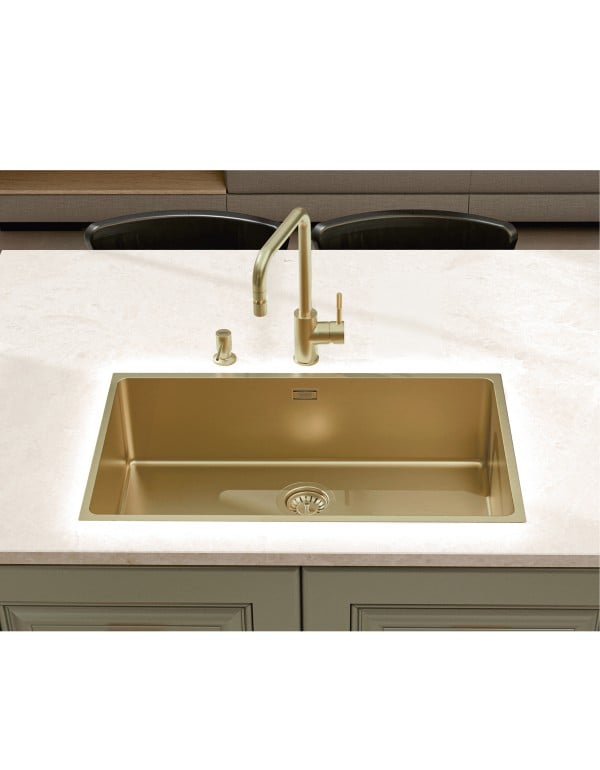 Dosador de Sabao e Detergente Liquido de Embutir na Bancada em Aco Inox com Revestimento PVD Acabamento Light Gold Dourado Escovado Reservatorio 500ml Tramontina 94517314