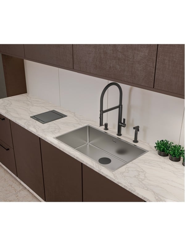 Misturador Monocomando para Pia de Cozinha em Aco Inox AISI 304 com Mangueira Flexivel em Silicone Preto Bica Giratoria 360 Graus Acabamento Black Matte Preto Fosco Tramontina 94520037