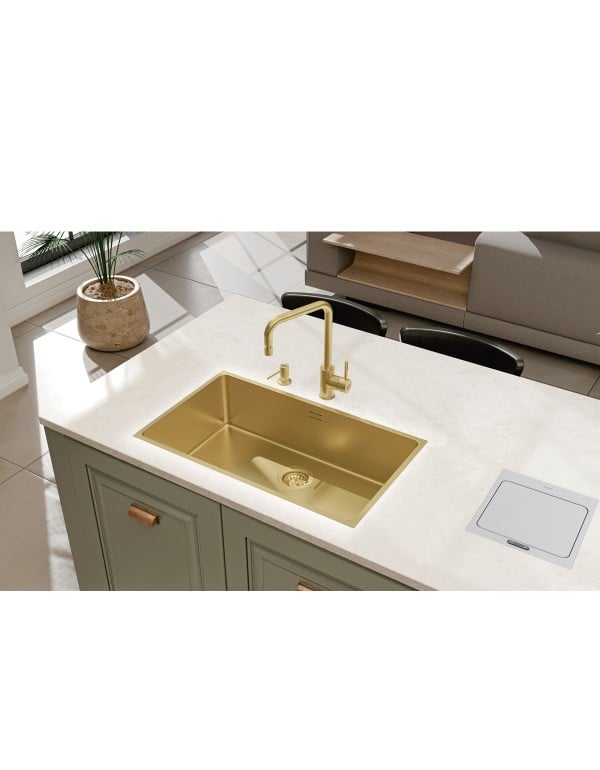 Misturador Monocomando de Mesa para Cozinha em Aco Inox AISI 304 com Revestimento PVD Acabamento Light Gold Dourado Escovado e Bica Articulada 360 Graus Linha Angolare Tramontina 94520313