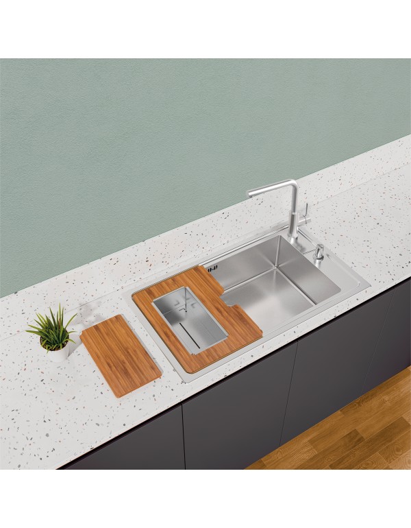 Kit para Cubas Quadrum Tramontina Design Collection com Tábua de Madeira 42x40 cm, Tábua Auxiliar e Cesto Coador Inox 94530033