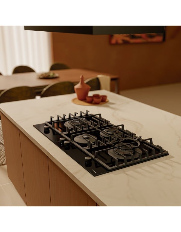 Cooktop a Gas Semiprofissional 90cm em Vidro Temperado Preto 4 Queimadores sendo 2 Tripla Chama Trempes Ferro Fundido Safestop Linha Quadra Tramontina 94709404