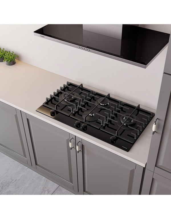 Cooktop a Gas Semiprofissional 90cm em Vidro Temperado Preto 4 Queimadores sendo 2 Tripla Chama Trempes Ferro Fundido Safestop Linha Quadra Tramontina 94709404