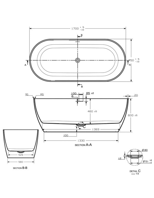 Banheira de Imersão Estilo Freestanding Solta no Ambiente Modelo VAILA 170cm Acabamento Branco Brilhante BAN.VAILA.170.BB