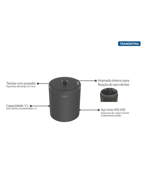Lixeira Black Inox 5L com Tampa  94540/052Tramontina