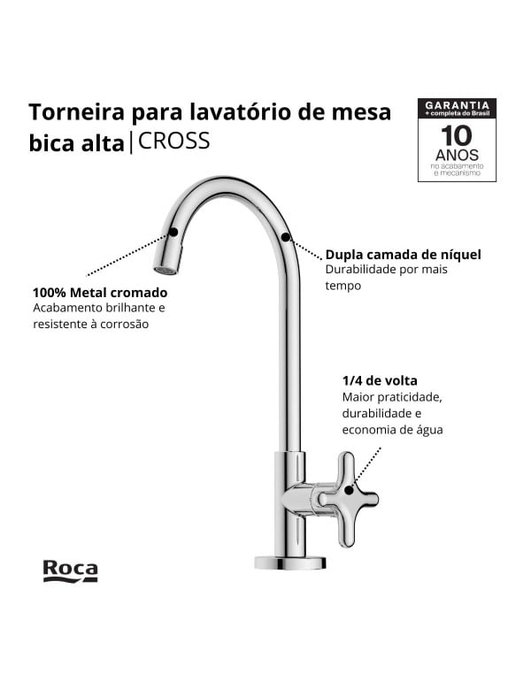 Torneira para Lavatorio de Mesa Bica Alta com Volante Cruzeta e Cartucho Ceramico Linha Celite Roca Cross Cromado B5001F6CRB