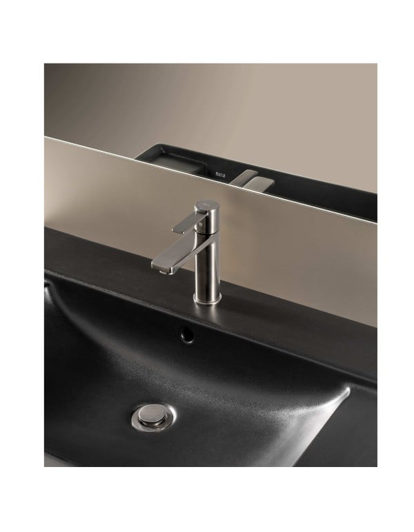 Misturador Monocomando para Lavatorio de Mesa Bica Baixa com Cartucho Ceramico Linha Roca Teras em Metal Aco Escovado Stainless Steel Finish A5A325FSMC