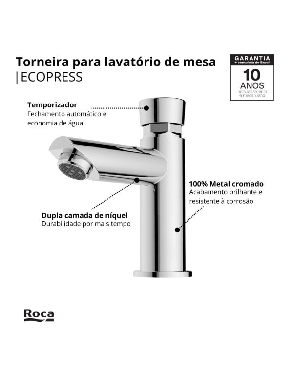 Torneira para Lavatorio de Mesa Bica Baixa com Fechamento Automatico Temporizado e Arejador Linha Celite Roca Ecopress Cromado B5000COCRB