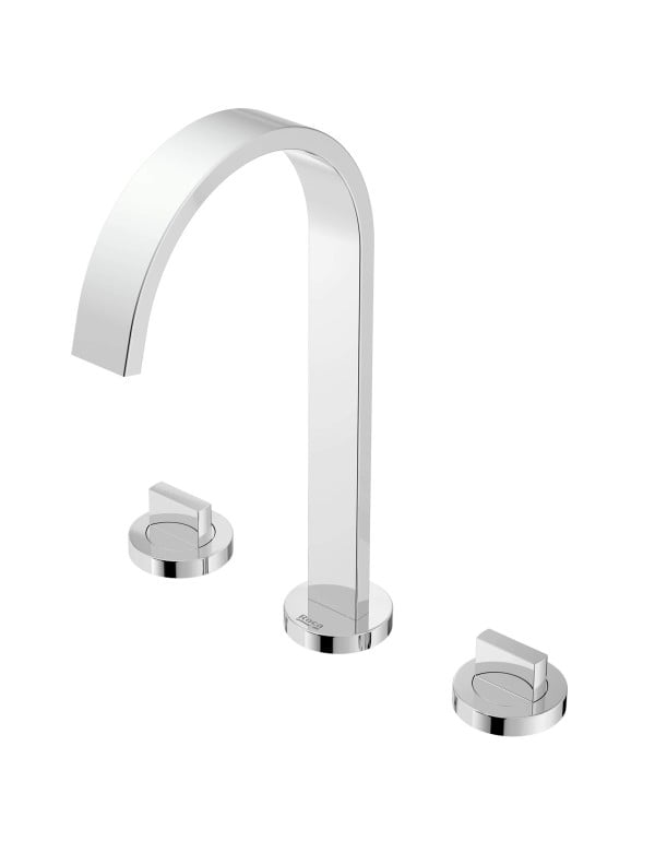 Misturador para Lavatorio de Mesa 3 Furos Bica Alta com Valvula de Escoamento para Agua Quente e Fria Linha Roca Flow Acabamento Cromado B5000F3CRB