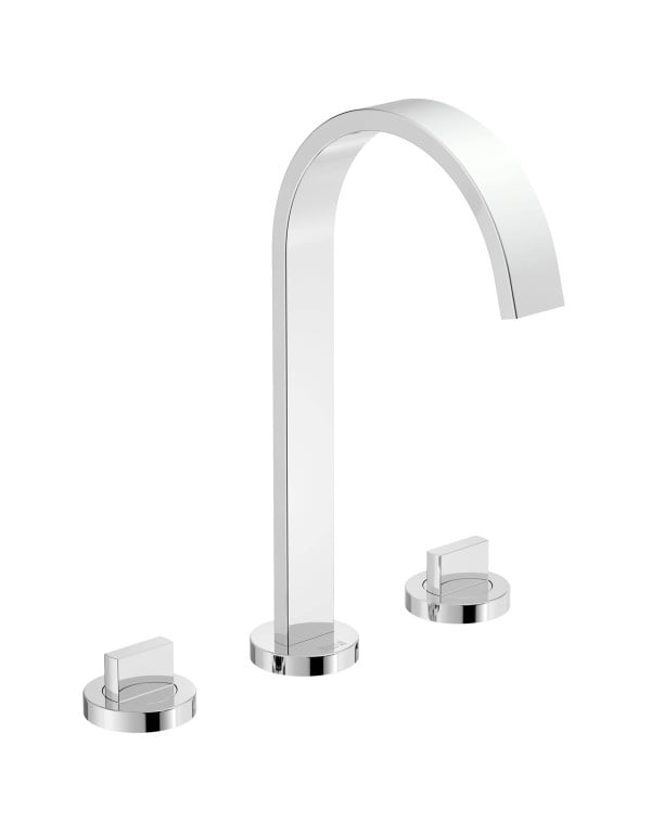 Misturador para Lavatorio de Mesa 3 Furos Bica Alta com Valvula de Escoamento para Agua Quente e Fria Linha Roca Flow Acabamento Cromado B5000F3CRB
