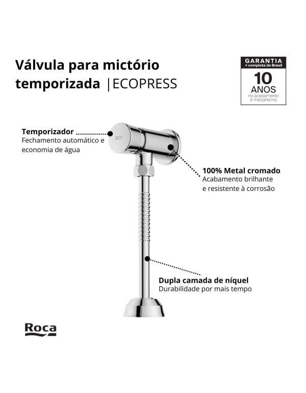 Valvula de Parede para Mictorio com Fechamento Automatico Temporizado Linha Roca Ecopress em Metal Cromado B5002COCRB