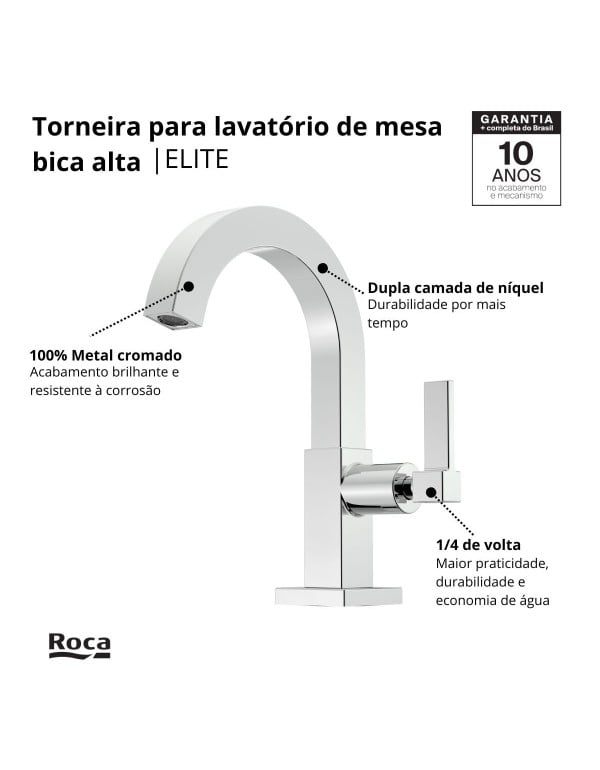 Torneira para Lavatorio de Mesa Bica Alta com Cartucho Ceramico e Arejador Linha Celite Roca Elite Cromado B5002C8CRB