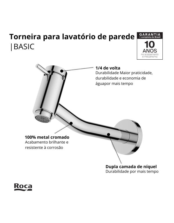 Torneira para Lavatorio de Parede com Bica Reta Volante e Cartucho Ceramico Linha Celite Roca Basic Cromado B5003C7CRB