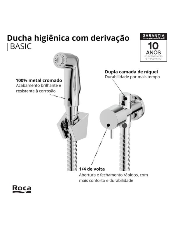 Ducha Higienica de Parede com Derivacao Flexivel e Gatilho Linha Celite Roca Basic Cromado B5007C7CRB