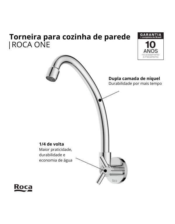 Torneira de Parede para Cozinha com Bica Alta Tubular Movel em Arco e Acionamento em Cruzeta Acabamento Cromado Brilhante Linha One Roca B5008CKCR3