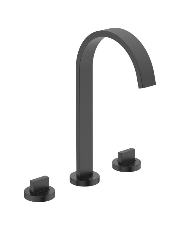 Misturador para Lavatorio de Mesa 3 Furos Bica Alta com Valvula de Escoamento para Agua Quente e Fria Linha Roca Flow Acabamento Matte Black Preto Fosco B5010F3R0B