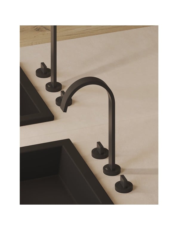 Misturador para Lavatorio de Mesa 3 Furos Bica Alta com Valvula de Escoamento para Agua Quente e Fria Linha Roca Flow Acabamento Matte Black Preto Fosco B5010F3R0B