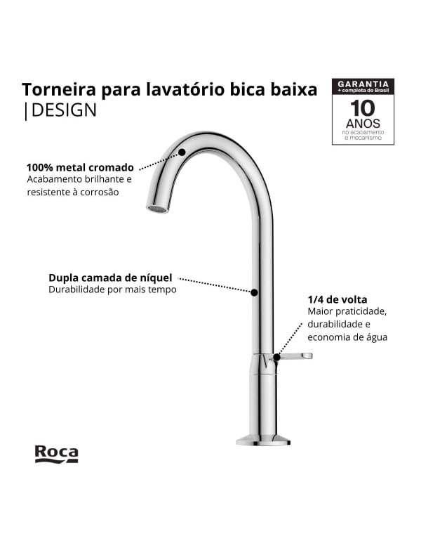 Torneira para Lavatorio de Mesa Bica Baixa com Cartucho Ceramico e Arejador Linha Celite Roca Design Cromado B5013CGCR0