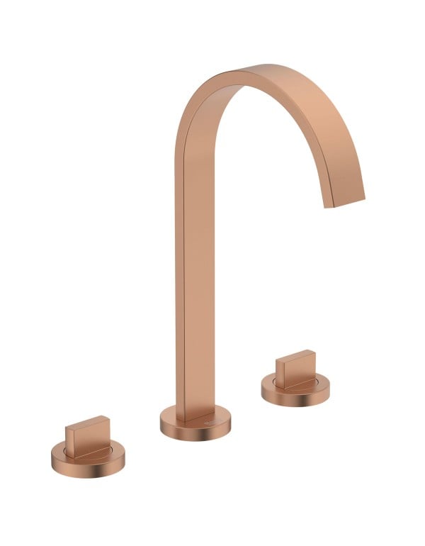 Misturador para Lavatorio de Mesa 3 Furos Bica Alta com Valvula de Escoamento para Agua Quente e Fria Linha Roca Flow Acabamento Rose Gold B5019F3R2B