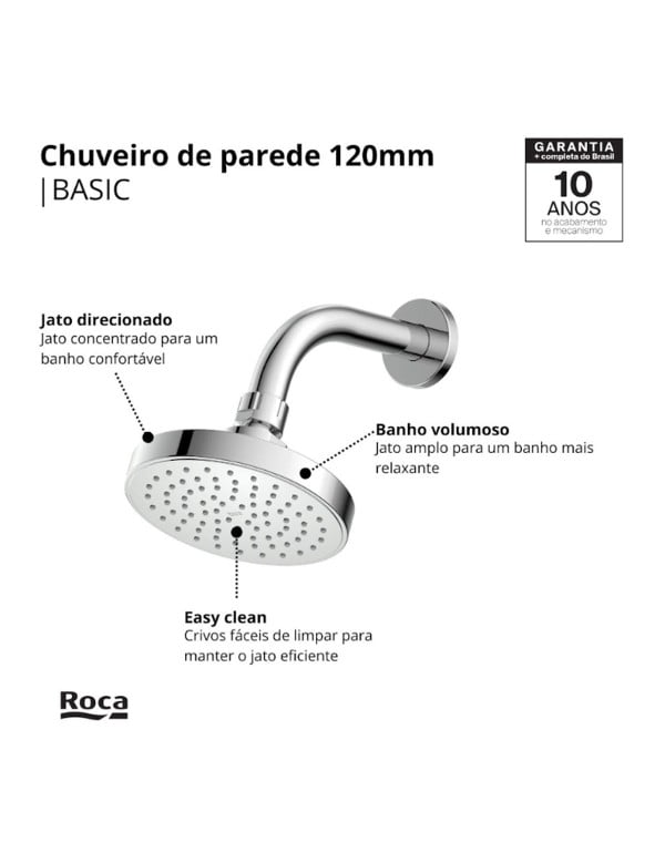 Chuveiro de Parede Formato Redondo com Crivo de Cento e Vinte Milimetros Articulado e Braço Cilindrico Acabamento Cromado Brilhante Linha Basic Roca B5026C7CRB