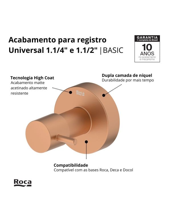 Acabamento de Registro para Base Universal Um Polegada e Um Quarto e Um Polegada e Meia com Volante Alavanca Acabamento Rose Gold Matte Ouro Rose Fosco Linha Basic Roca B5040C7R2B