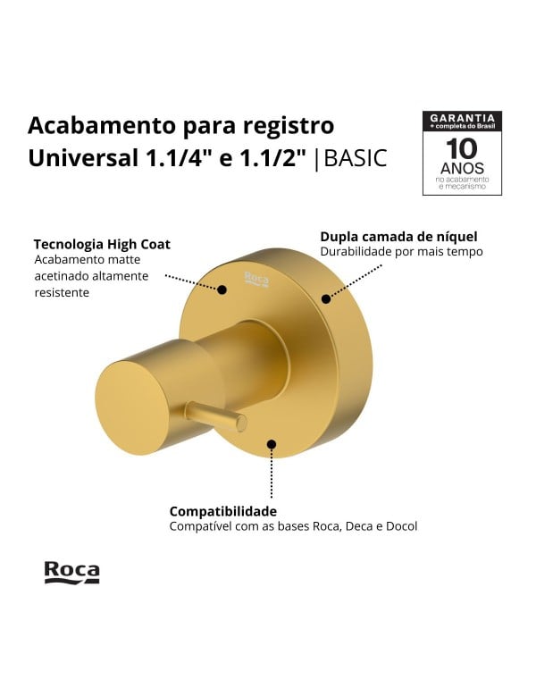 Acabamento de Registro para Base Universal Um Polegada e Um Quarto e Um Polegada e Meia com Volante Alavanca Acabamento Matte Gold Dourado Fosco Linha Basic Roca B5050C7R1B
