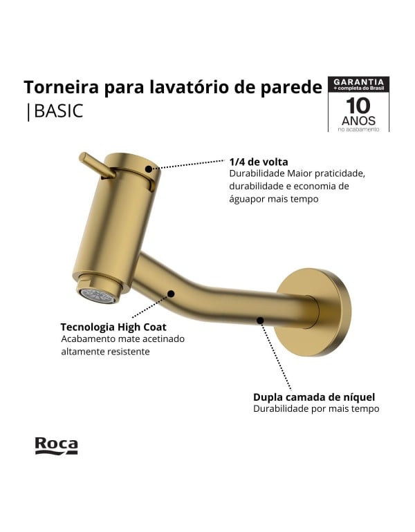 Torneira Para Lavatório De Parede Roca Basic Gold Matte B5057C7R1B