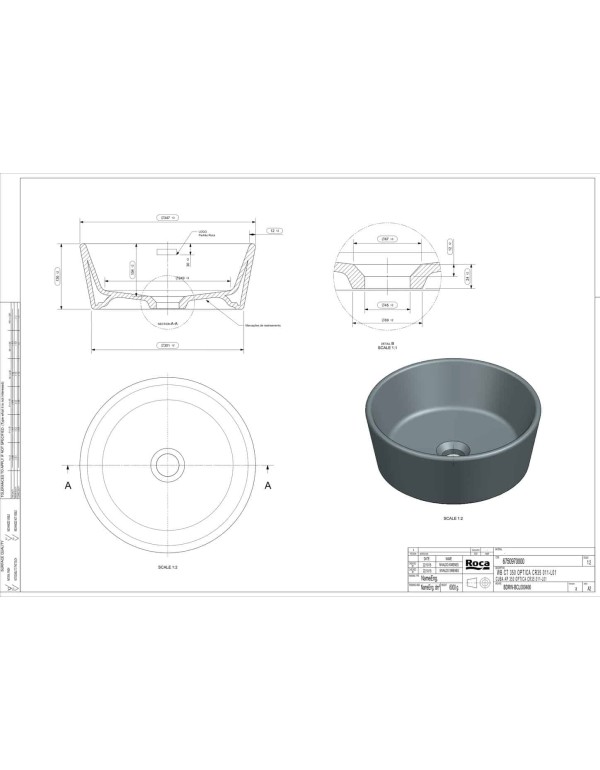Cuba de Apoio para Banheiro e Lavabo Modelo Redondo 35 cm Linha Roca Optica CR35 Louça Sanitária Branco Mate Fosco A327B15628