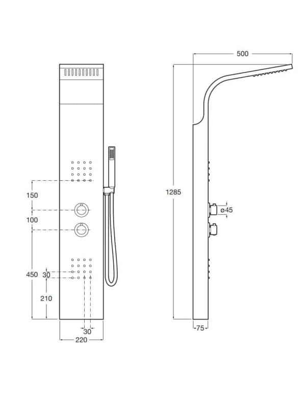 Coluna Painel Vertical de Hidromassagem com Chuveiro Superior Jatos Corporais e Misturador Termostatico Linha Roca Essential 2.0 Acabamento Cromado A5A9A8BC00