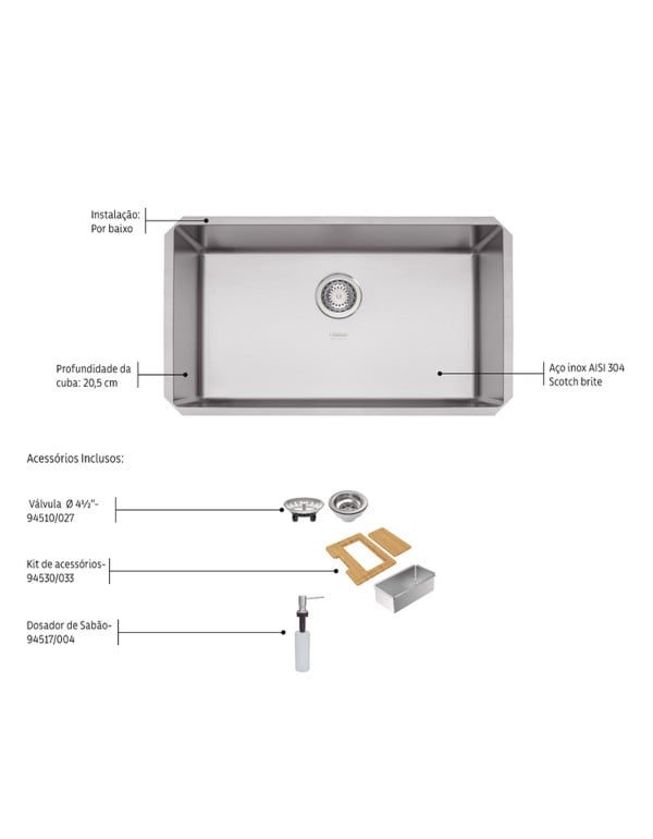 Cuba Tramontina Design Collection Quadrum Undermount Aco Inox Acabamento Scotch Brite 70x40 com Acessorios 94000172