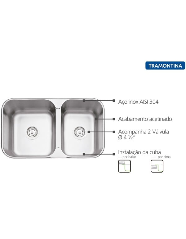 Cuba de embutir/sobrepor Tramontina Isis 2C 34-28 BS em Aco Inox acetinado 69x40 com 2 Cubas 94062102