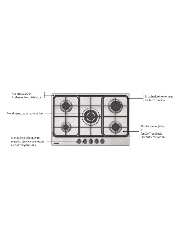 Cooktop a Gás Tramontina Penta 5 Bocas Inox com Trempes em Ferro Fundido 94716401