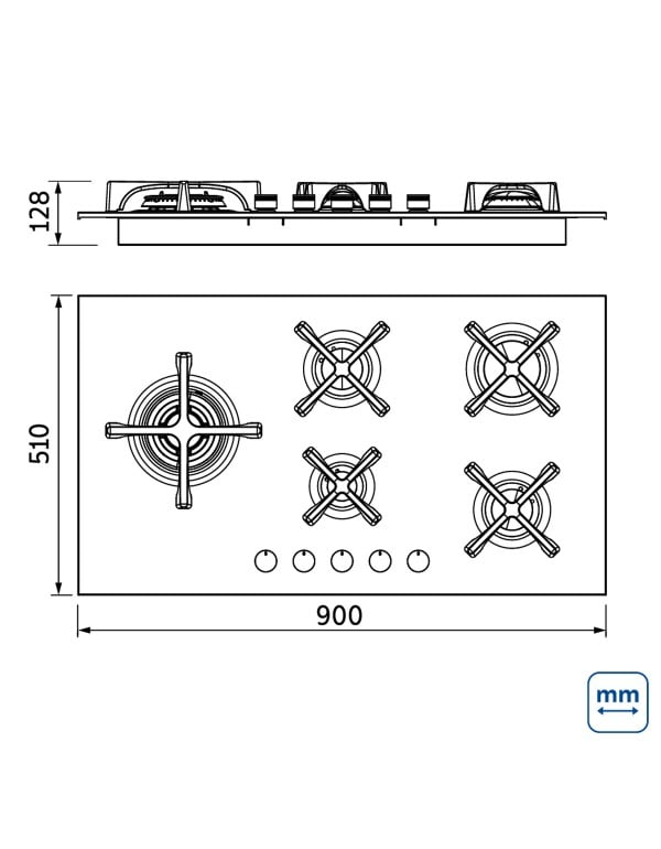 Cooktop a Gás Tramontina Design Collection Penta Inox Flat 5 GX 90 em Aço Inox e Trempes em Ferro Fundido com Acendimento Automático e 5 Queimadores 94728104