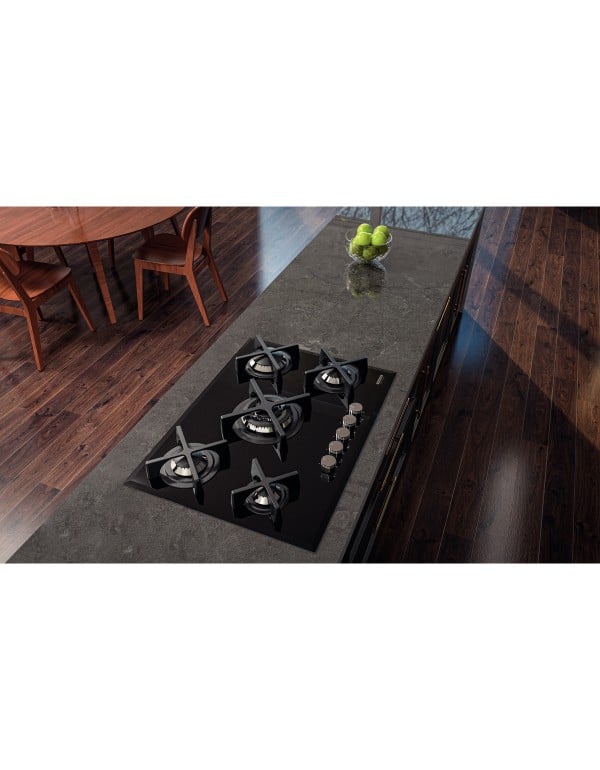 Cooktop a Gas Tramontina Design Collection Penta Glass Flat Vidro Temperado e Trempes em Ferro Fundido com Acendimento Automatico 5 Queimadores 94730104