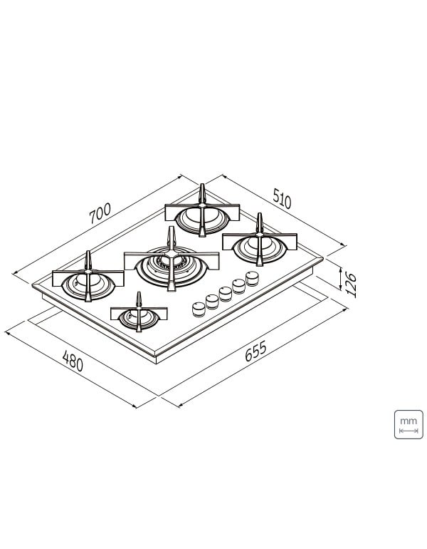 Cooktop a Gas Tramontina Design Collection Penta Glass Flat Vidro Temperado e Trempes em Ferro Fundido com Acendimento Automatico 5 Queimadores 94730104