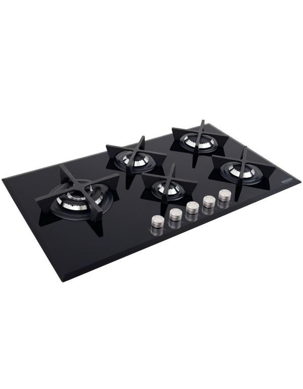 Cooktop a Gás Tramontina Design Collection Penta Glass Flat em Vidro Temperado e Trempes em Ferro Fundido com Acendimento Automático 5 Queimadores 94731104