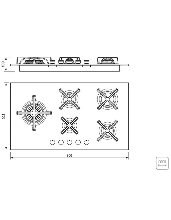 Cooktop a Gás Tramontina Design Collection Penta Glass Flat em Vidro Temperado e Trempes em Ferro Fundido com Acendimento Automático 5 Queimadores 94731114